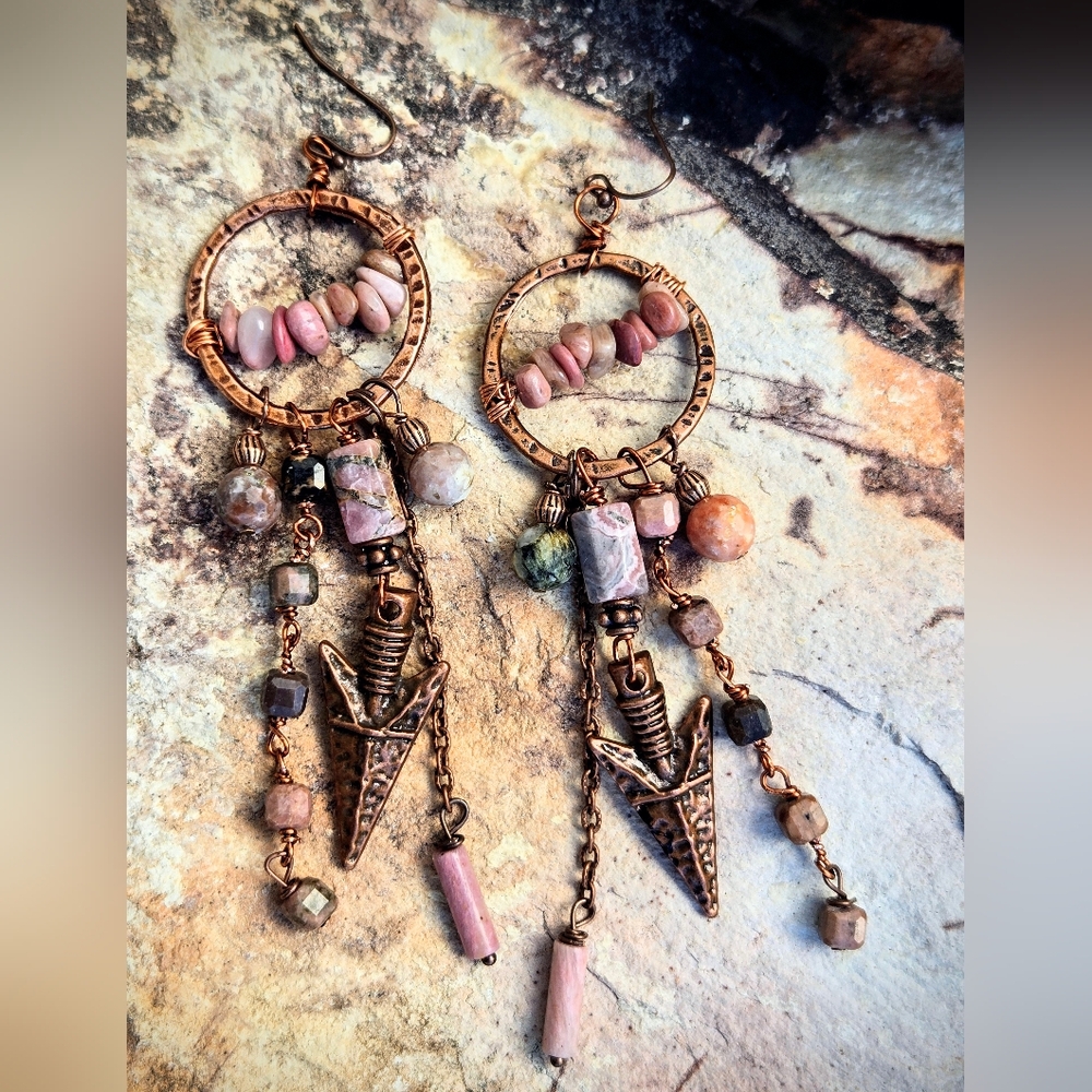 Dramatic Bohemian's Very Long 5-Strand Natural Rhodonite & Arrow Copper Earrings